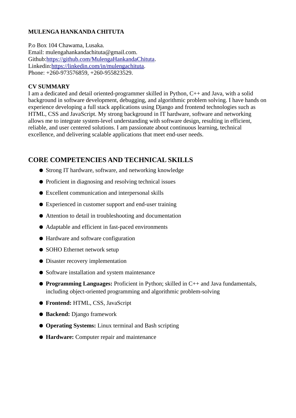 Mulenga Chituta CV Preview